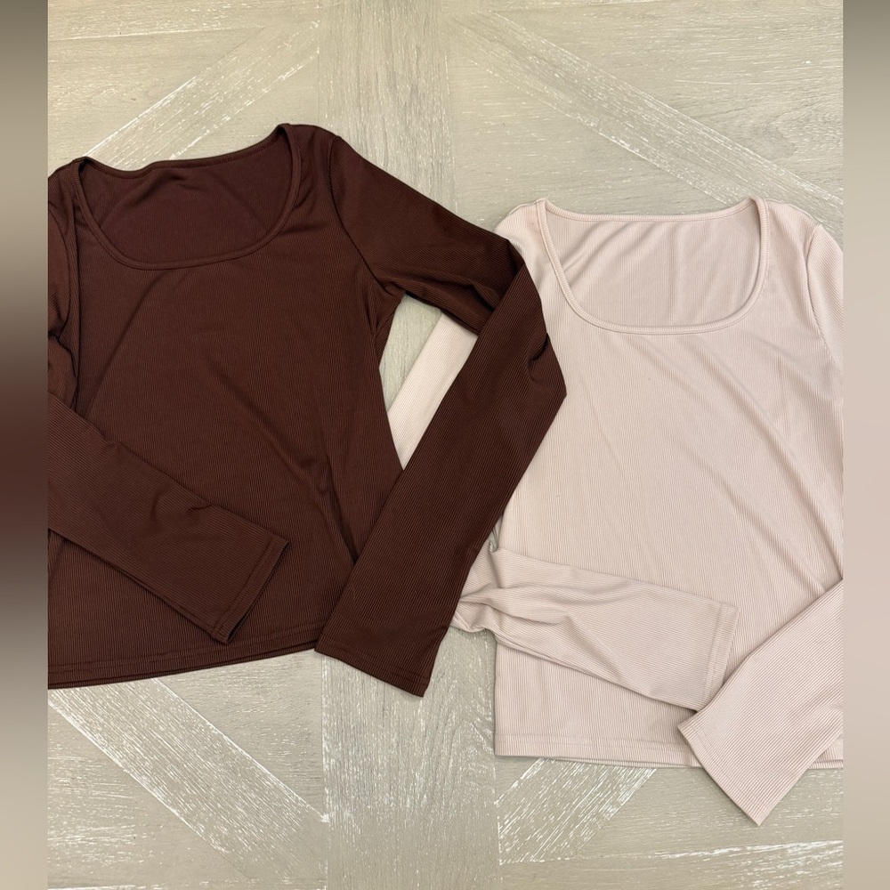SHEIN Long Sleeve Tops - Brown and Cream Scoop Neck
